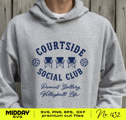 Gray hoodie with 'Courtside Social Club' volleyball design, ideal for crafting SVG and PNG digital downloads.