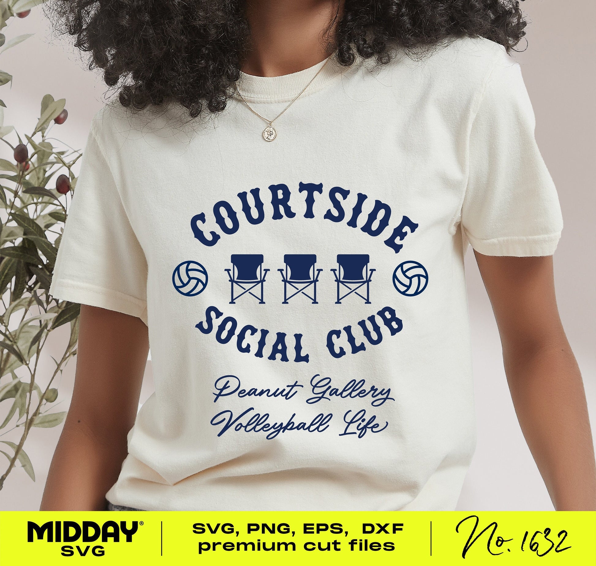 White t-shirt featuring 'Courtside Social Club' design with volleyball theme, perfect for crafting and design using SVG, PNG formats.