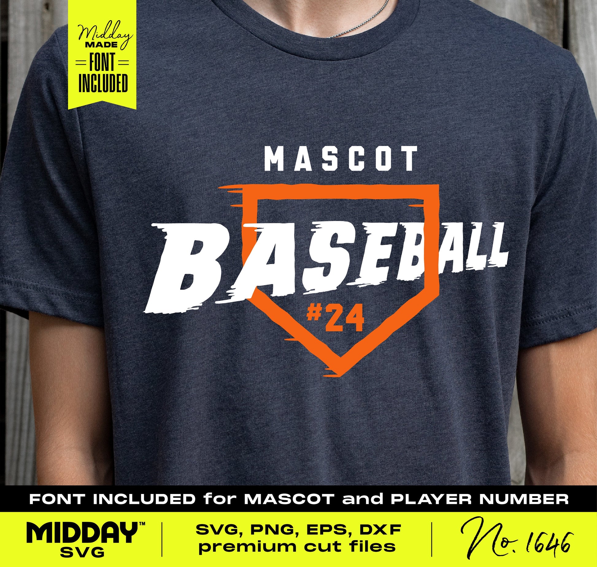 T-shirt displaying custom baseball design with home plate, SVG and PNG available for download, with font for mascot and player number.