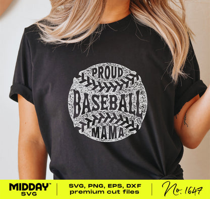 Woman wearing black t-shirt with 'Proud Baseball Mama' design in white, part of digital SVG/PNG download for baseball moms.