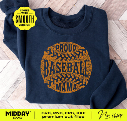 Navy sweatshirt featuring a 'Proud Baseball Mama' design in orange, ideal for custom DIY projects. Includes SVG, PNG digital download options.