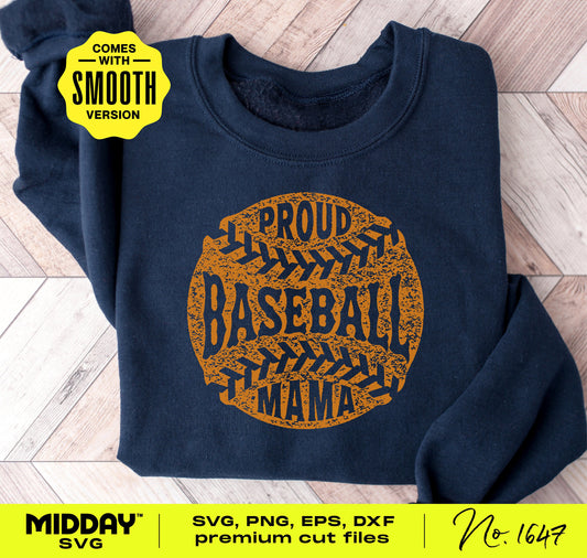 Navy sweatshirt featuring a 'Proud Baseball Mama' design in orange, ideal for custom DIY projects. Includes SVG, PNG digital download options.