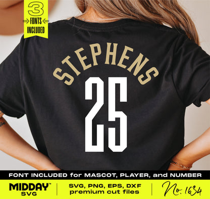 Customizable baseball team SVG template on a shirt with player name 'Stephens' and number '25'. Fonts included for personalization.