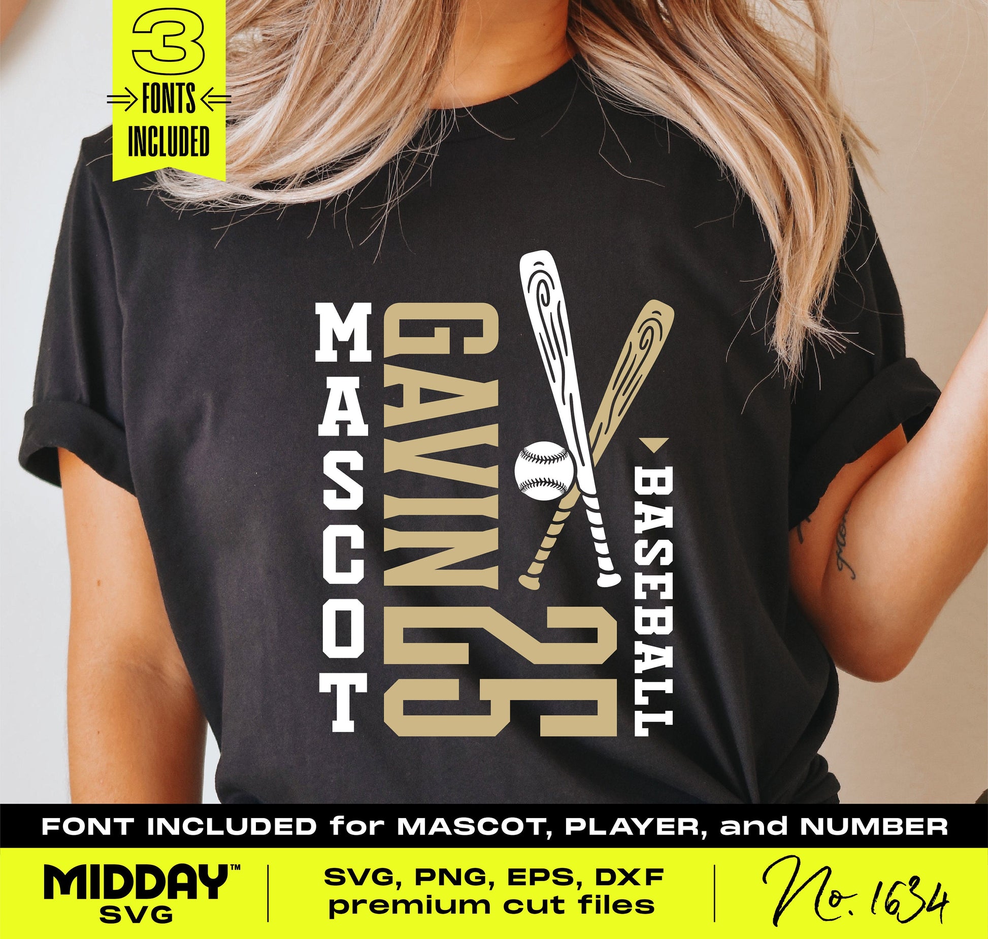 Customizable baseball team template SVG on black shirt with player name, number, and mascot. Fonts included for personalization.