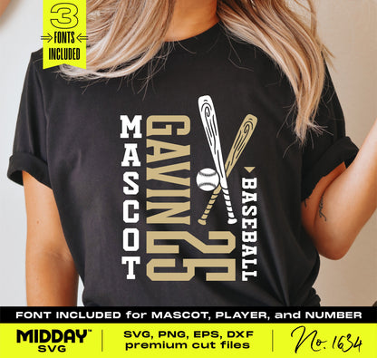 Customizable baseball team template SVG on black shirt with player name, number, and mascot. Fonts included for personalization.