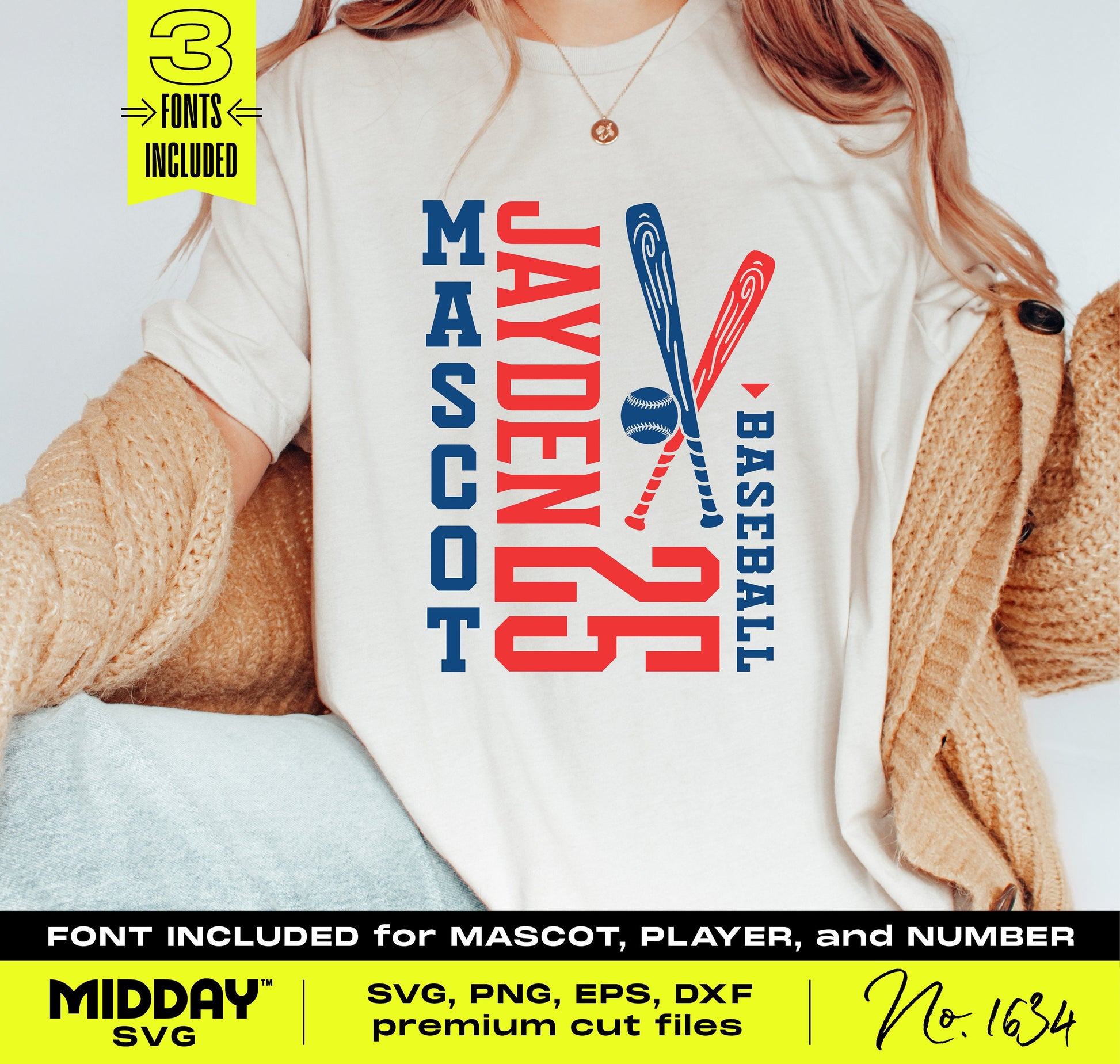 Person wearing a shirt with customizable baseball team template design including player name, number, and mascot in SVG format.