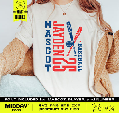 Person wearing a shirt with customizable baseball team template design including player name, number, and mascot in SVG format.