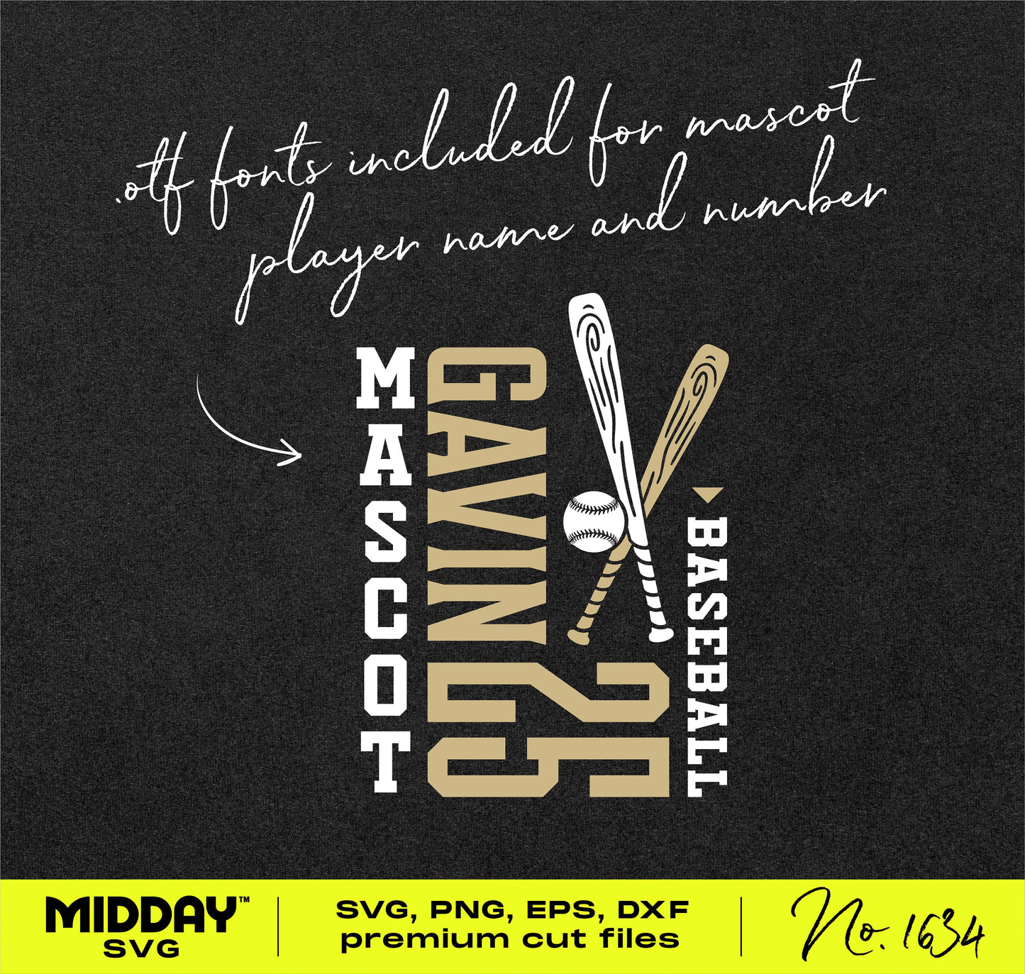 Customizable baseball team SVG template with player name, number, and mascot fonts. Perfect for personalized sports gear.