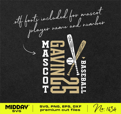 Customizable baseball team SVG template with player name, number, and mascot fonts. Perfect for personalized sports gear.