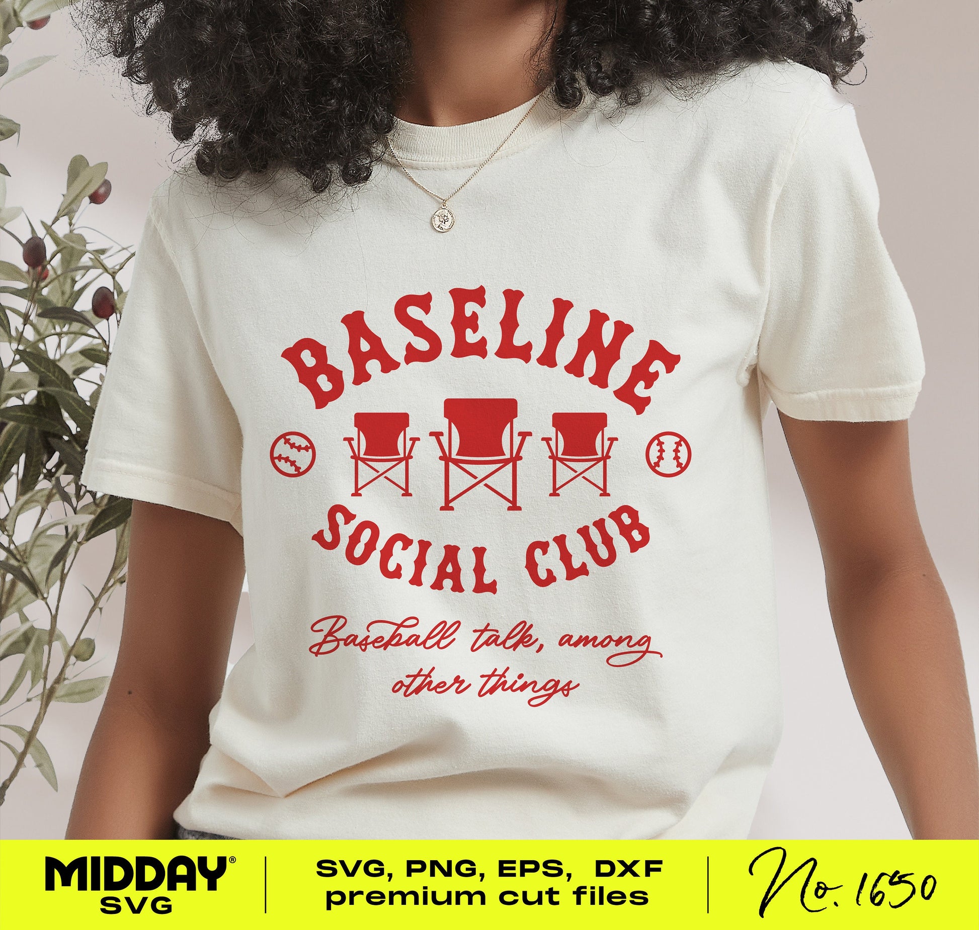 Person wearing white t-shirt with red 'Baseline Social Club' baseball design; includes SVG, PNG, EPS, DXF files for crafting.