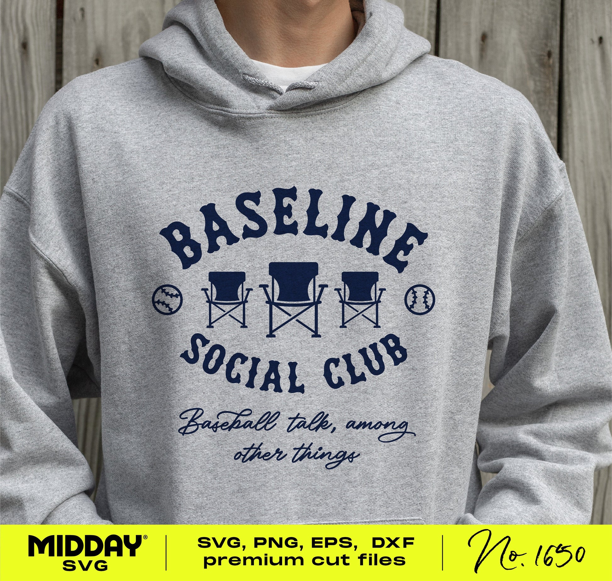 Gray hoodie with Baseline Social Club funny baseball design for DIY projects, available in SVG, PNG, EPS, DXF formats.