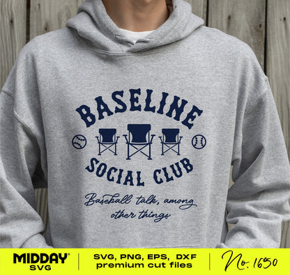 Gray hoodie with Baseline Social Club funny baseball design for DIY projects, available in SVG, PNG, EPS, DXF formats.