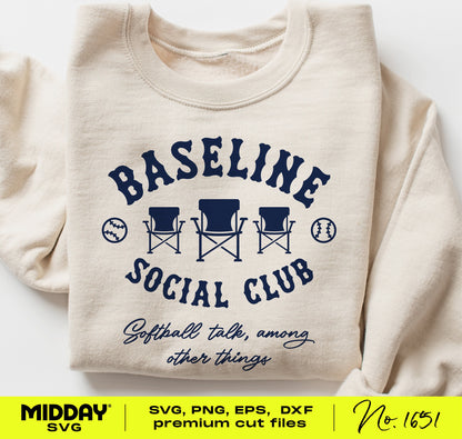 Funny Softball SVG design for Baseline Social Club on a sweatshirt, featuring text and chair graphics for custom apparel.