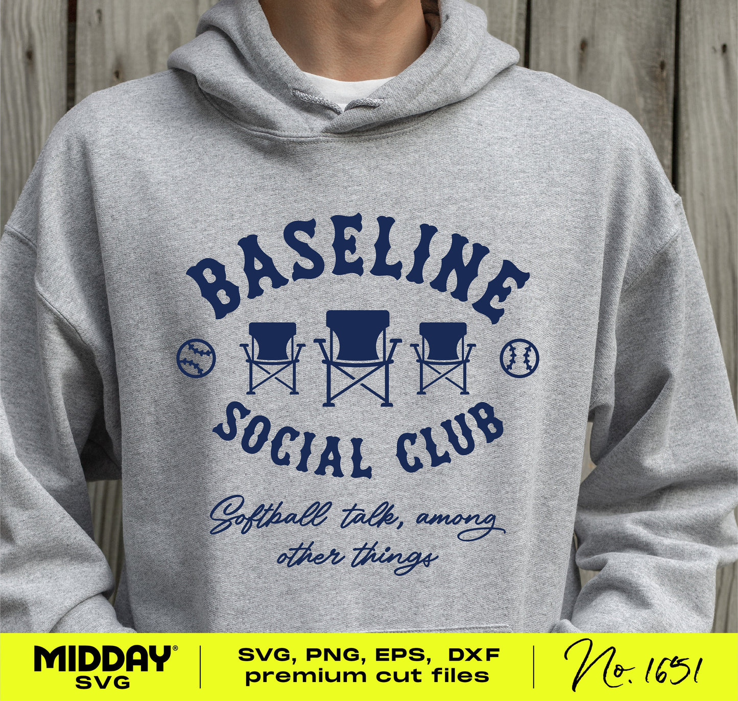 Grey hoodie featuring Baseline Social Club Funny Softball SVG design with lettering and folding chairs graphic.
