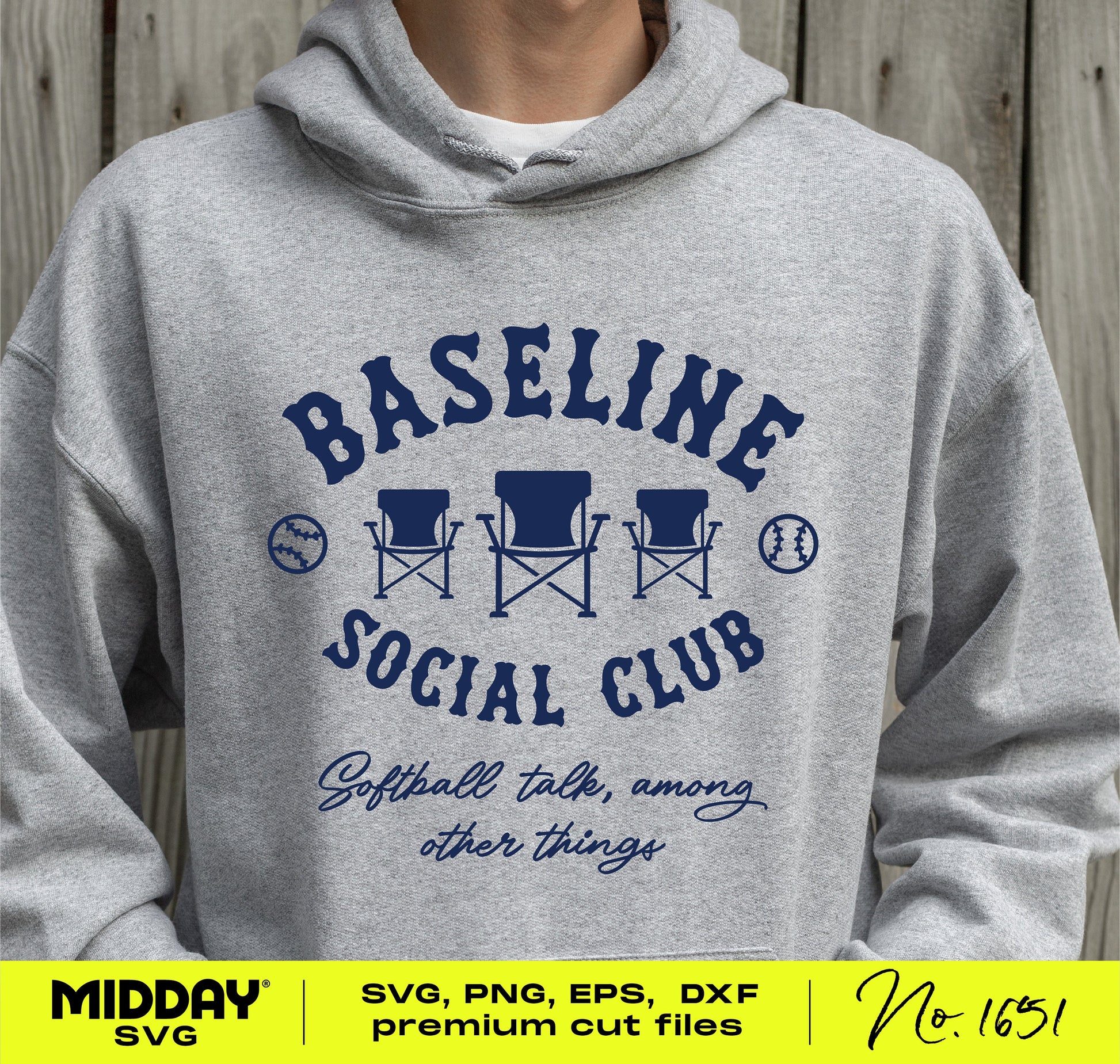 Grey hoodie featuring Baseline Social Club Funny Softball SVG design with lettering and folding chairs graphic.