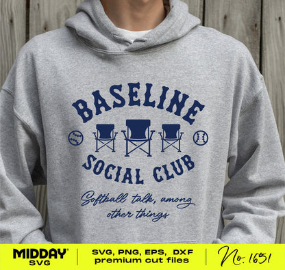Grey hoodie featuring Baseline Social Club Funny Softball SVG design with lettering and folding chairs graphic.