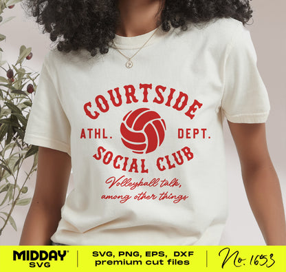 T-shirt with Courtside Social Club Volleyball Mom SVG design in red, ideal for personalized gifts in SVG, PNG, EPS, DXF formats.