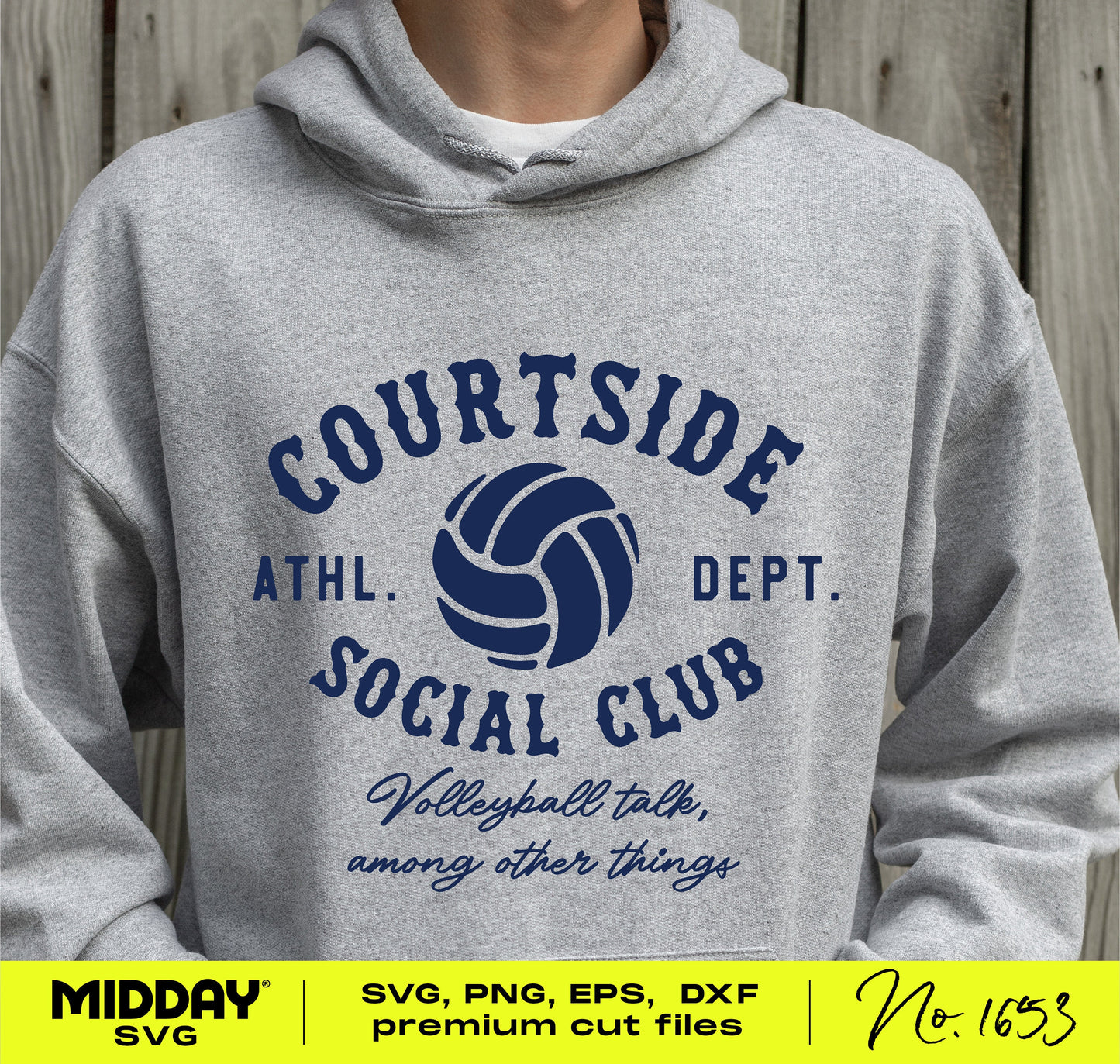 Gray hoodie featuring the Courtside Social Club design with a volleyball graphic and text 'Volleyball talk, among other things.'