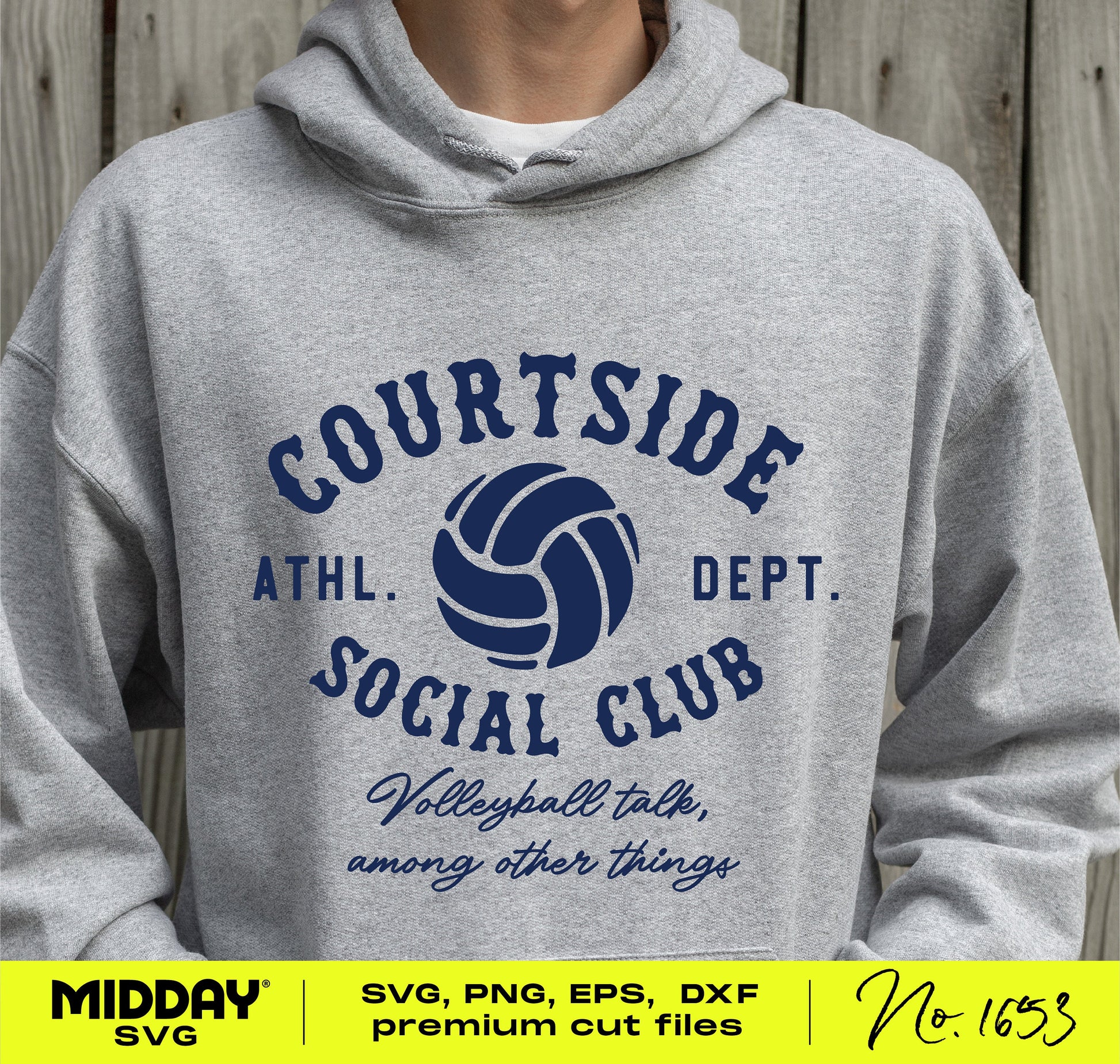 Gray hoodie featuring the Courtside Social Club design with a volleyball graphic and text 'Volleyball talk, among other things.'