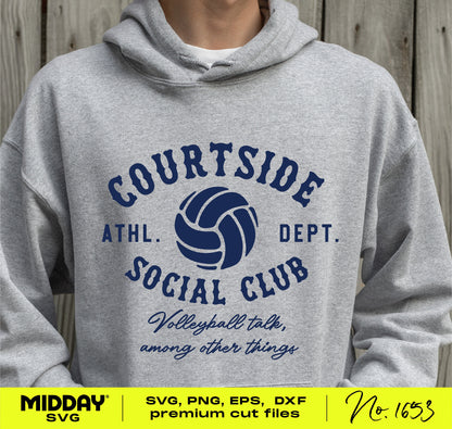 Gray hoodie featuring the Courtside Social Club design with a volleyball graphic and text 'Volleyball talk, among other things.'