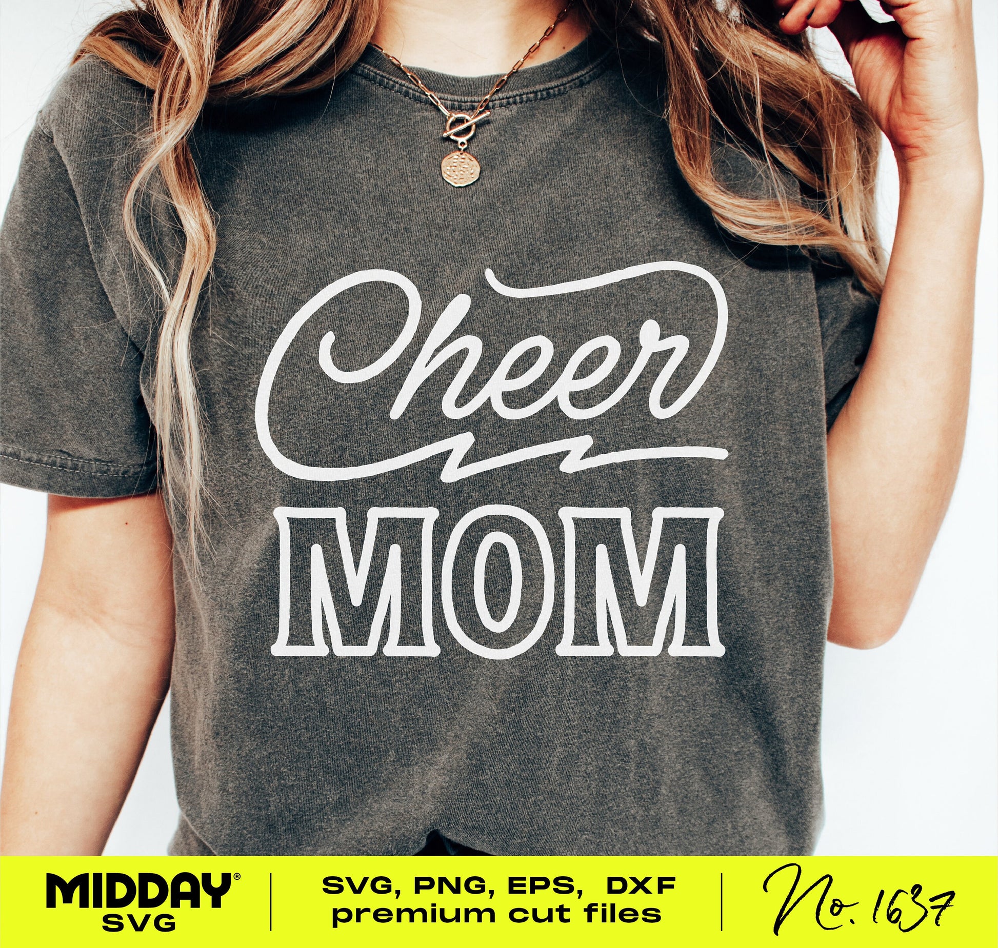Woman wearing a t-shirt with 'Cheer Mom' text and lightning bolt design, showcasing support for cheerleading.
