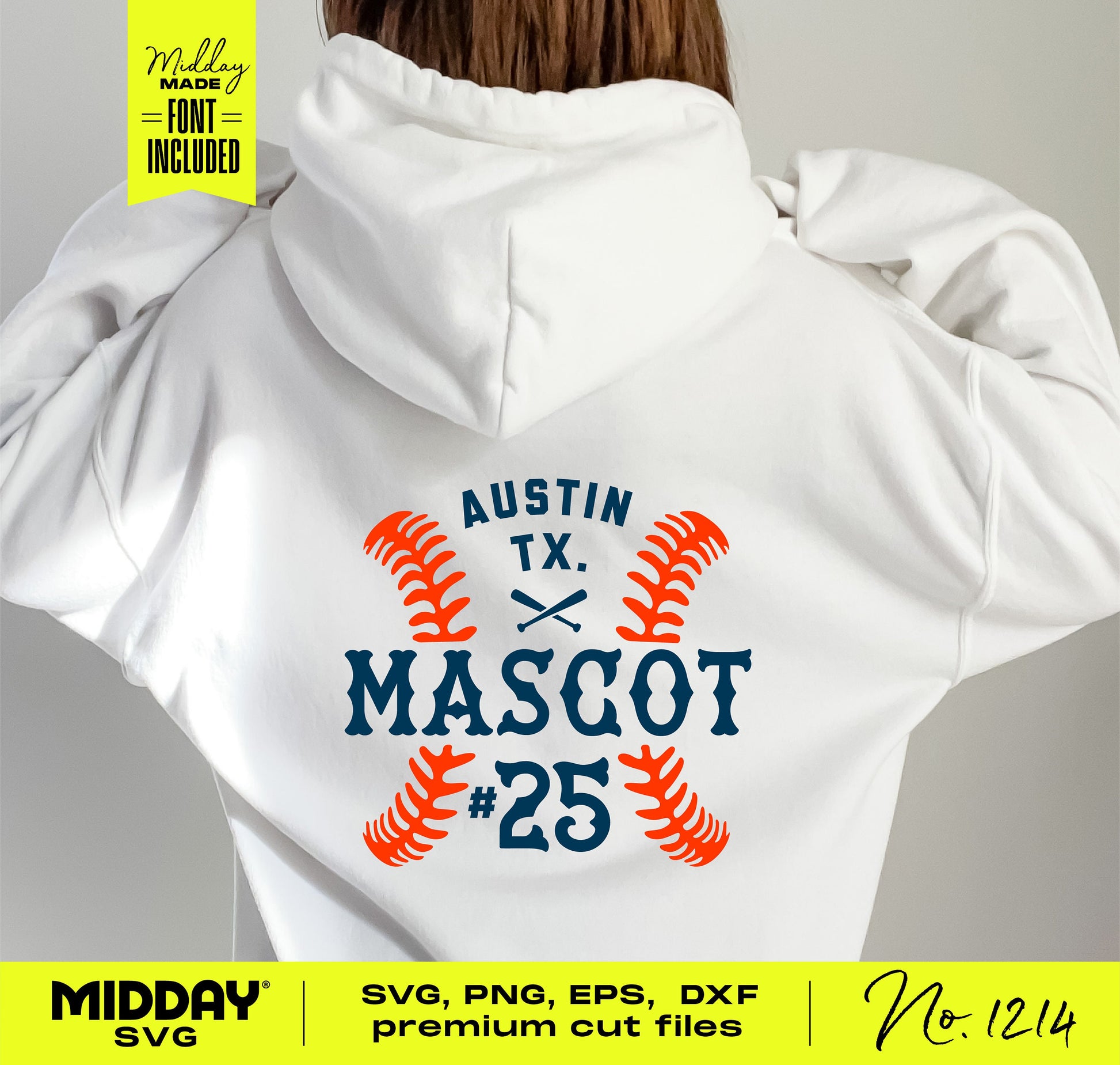 White hoodie featuring customizable softball team logo design with text 'Austin TX Mascot #25', suitable for Cricut and DIY projects.