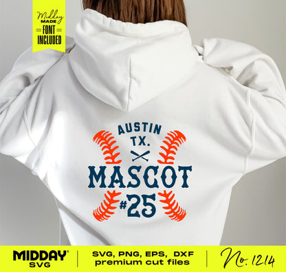 White hoodie featuring customizable softball team logo design with text 'Austin TX Mascot #25', suitable for Cricut and DIY projects.