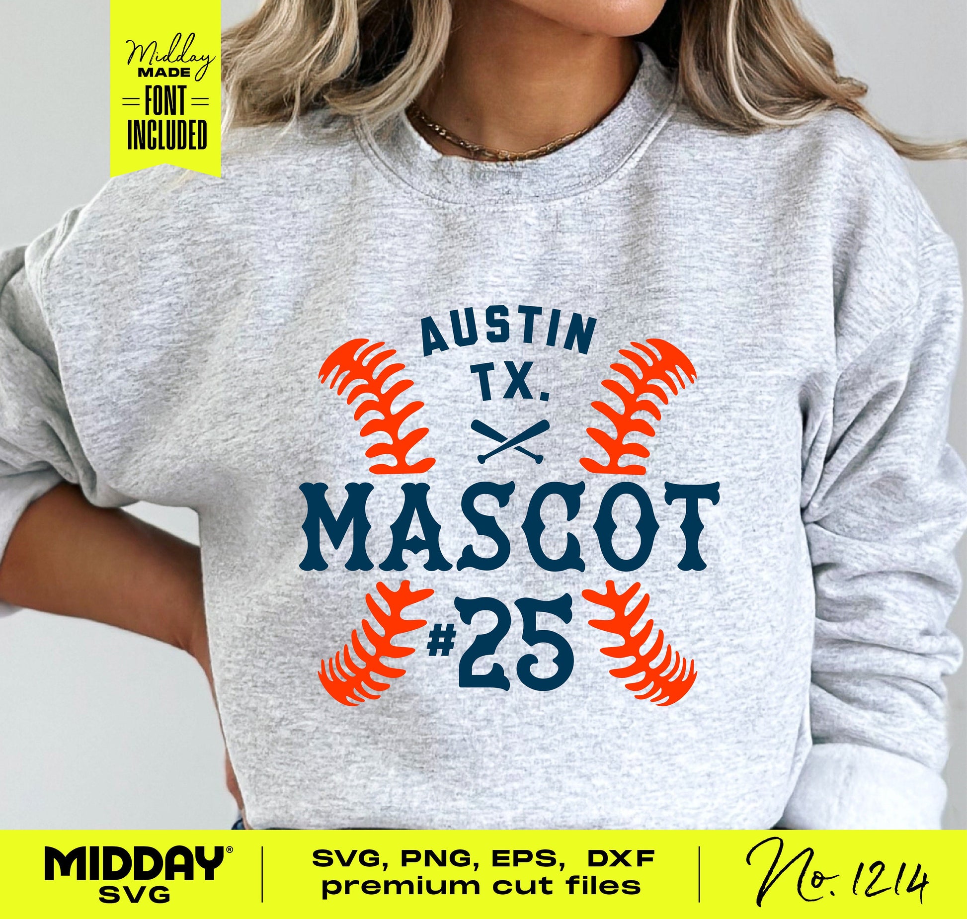 Person wearing sweatshirt with customizable softball team design template featuring bat and ball graphic, includes SVG, PNG, EPS, DXF files.