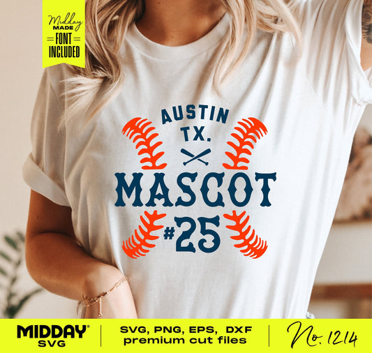 Person wearing a t-shirt with customized softball team logo design featuring "Austin TX Mascot #25" in red and blue, ideal for Cricut projects.
