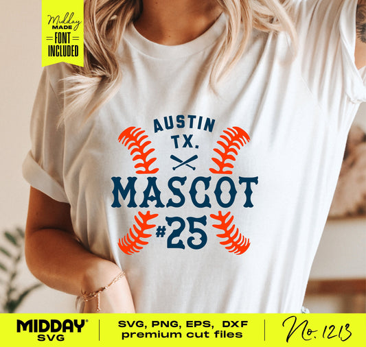 Woman wearing a white t-shirt with customizable baseball team design, featuring 'Austin TX Mascot #25' in SVG, PNG, EPS, DXF formats.