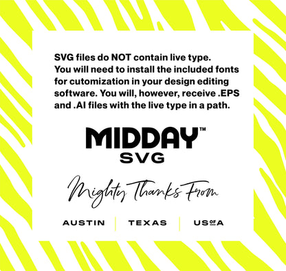 SVG editing instructions and Midday SVG logo with design details, emphasizing font customization for Austin, Texas, USA.