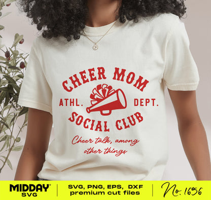 Woman wearing Cheer Mom Social Club t-shirt with red megaphone design, highlighting cheer mom pride for crafting and apparel projects.