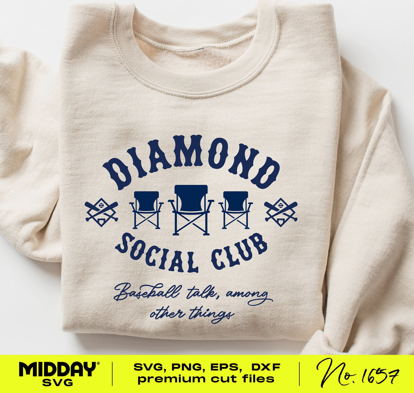 Funny 'Diamond Social Club' baseball-themed design on sweater with SVG, PNG, EPS, DXF file options for baseball fans.