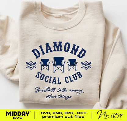 Funny 'Diamond Social Club' baseball-themed design on sweater with SVG, PNG, EPS, DXF file options for baseball fans.