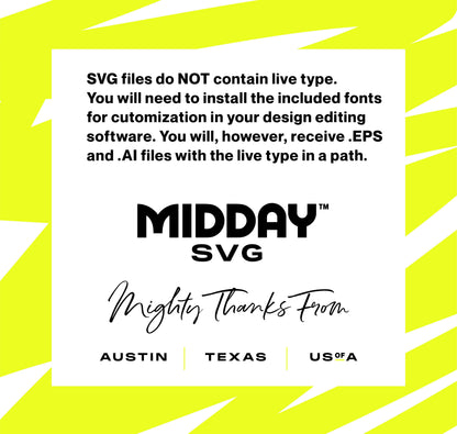 Graphic displaying SVG file instructions and brand information for Midday SVG, with emphasis on customization and font installation.