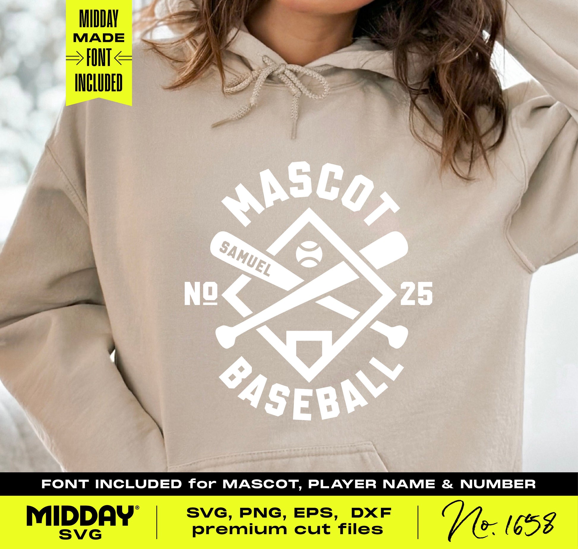 Customizable baseball SVG PNG on hoodie with diamond, home plate, and bats design, featuring name and number for team spirit.
