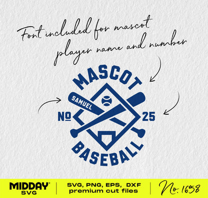 Baseball SVG PNG design with diamond, home plate, bats; customizable team name and number, perfect for jerseys and banners.