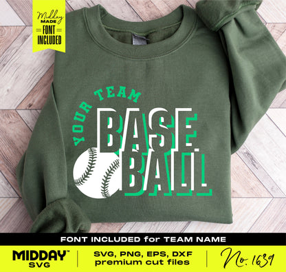 Green sweatshirt with "Your Team Baseball" design, featuring sporty font. Customizable SVG template for team merchandise and apparel.