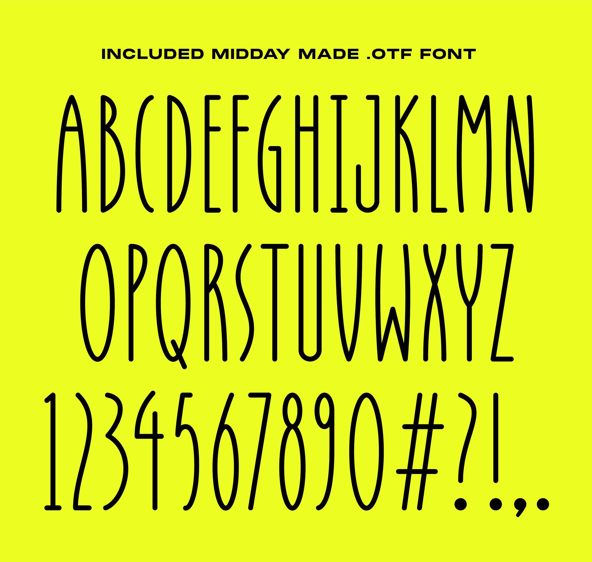 Alphabet and numbers in Midday Made font on yellow background