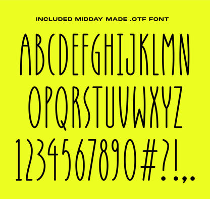 Alphabet and numbers in Midday Made font on yellow background
