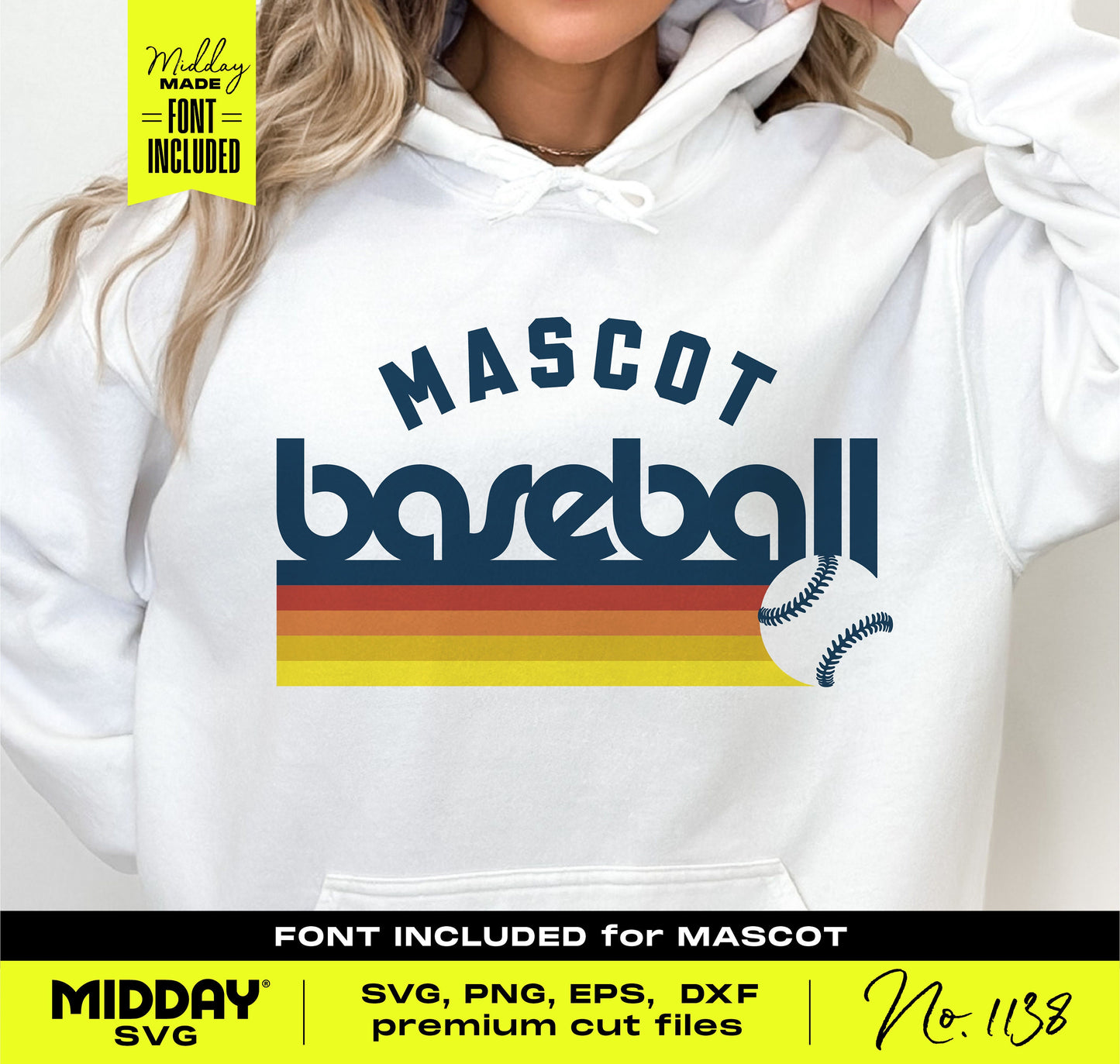 Woman wearing a hoodie with a retro 'Mascot Baseball' logo design from the Ultimate Baseball SVG Bundle, suitable for custom team gear.