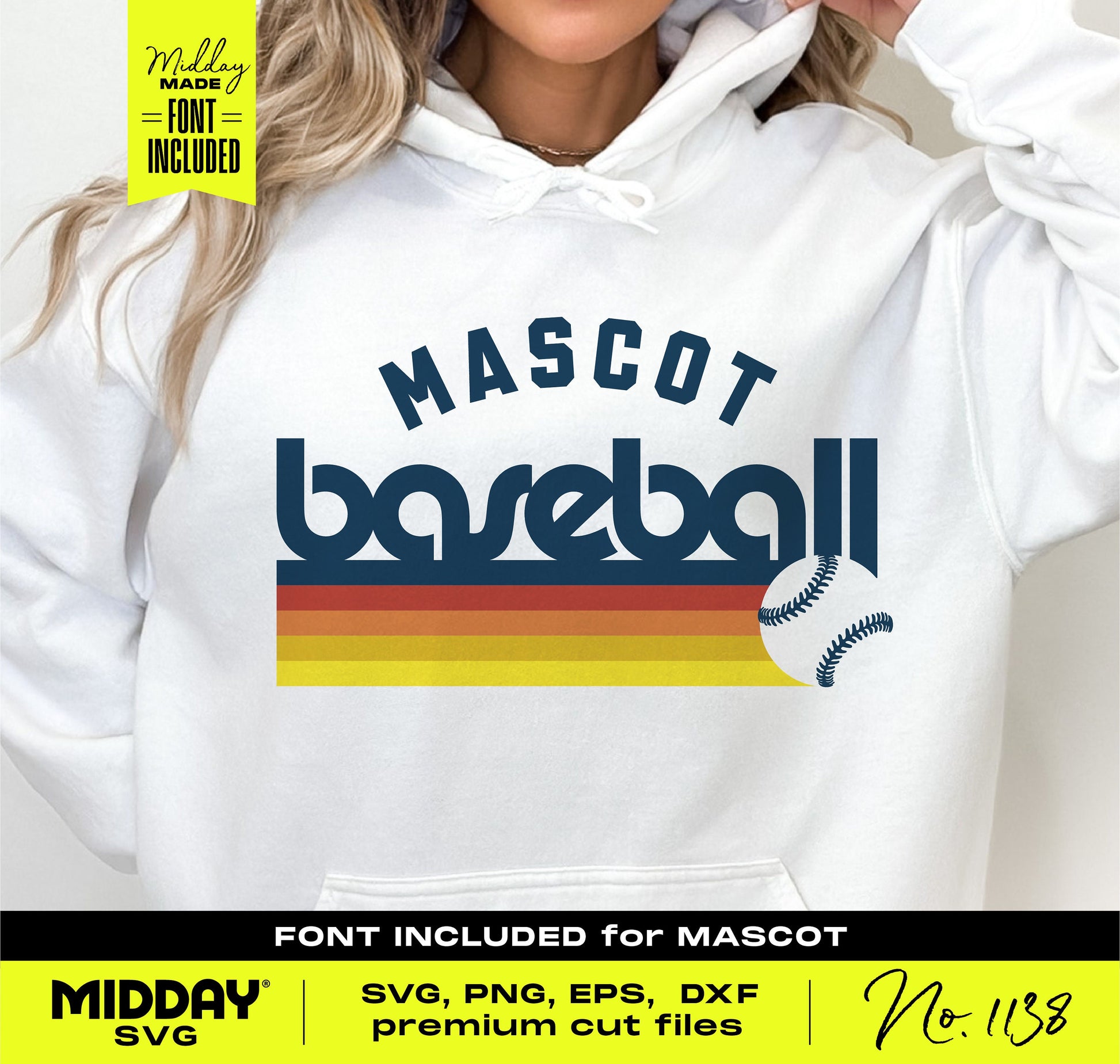 Woman wearing a hoodie with a retro 'Mascot Baseball' logo design from the Ultimate Baseball SVG Bundle, suitable for custom team gear.