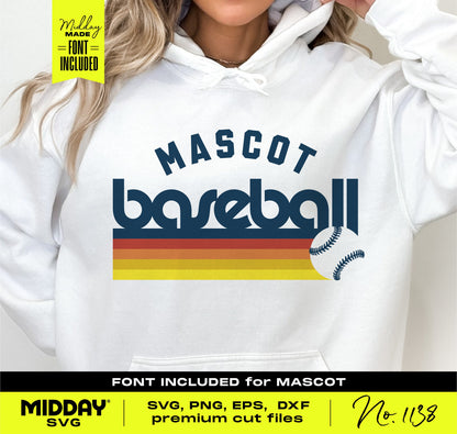 Woman wearing a hoodie with a retro 'Mascot Baseball' logo design from the Ultimate Baseball SVG Bundle, suitable for custom team gear.