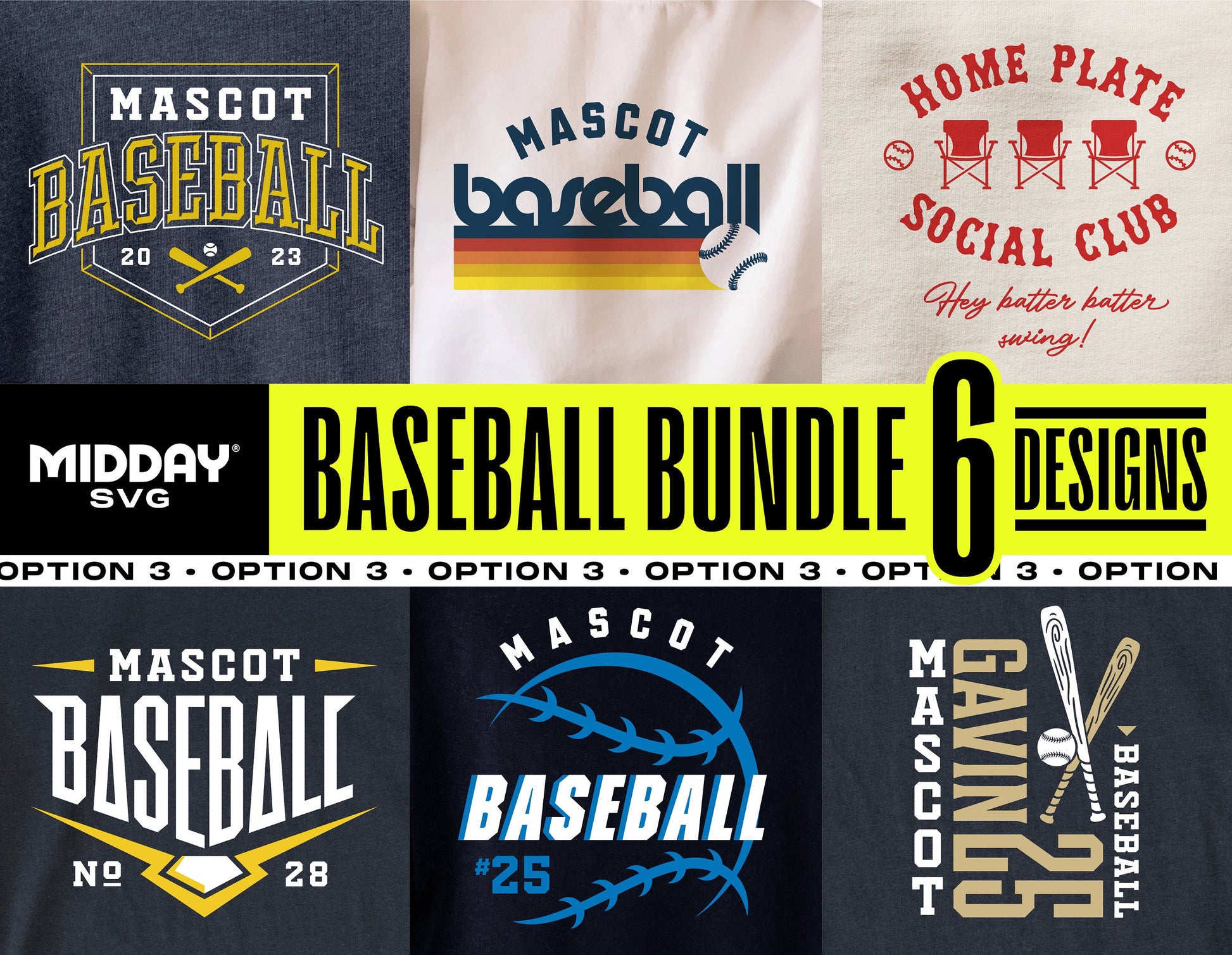 Ultimate Baseball SVG Bundle - Logo Collection Option 3, features 6 custom team designs for gear and merchandise. Perfect for baseball teams.