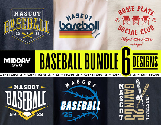 Ultimate Baseball SVG Bundle - Logo Collection Option 3, features 6 custom team designs for gear and merchandise. Perfect for baseball teams.