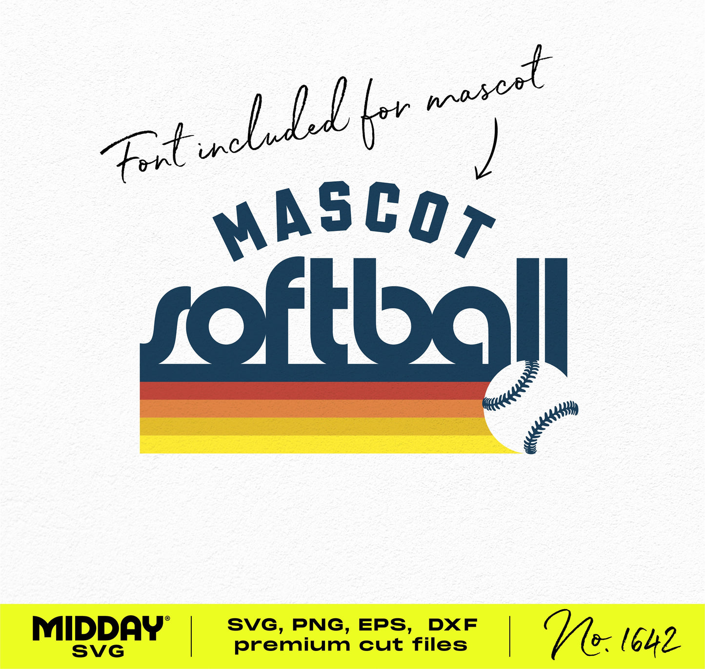 Softball team template SVG with mascot design; includes font and premium cut files for Cricut and Silhouette.