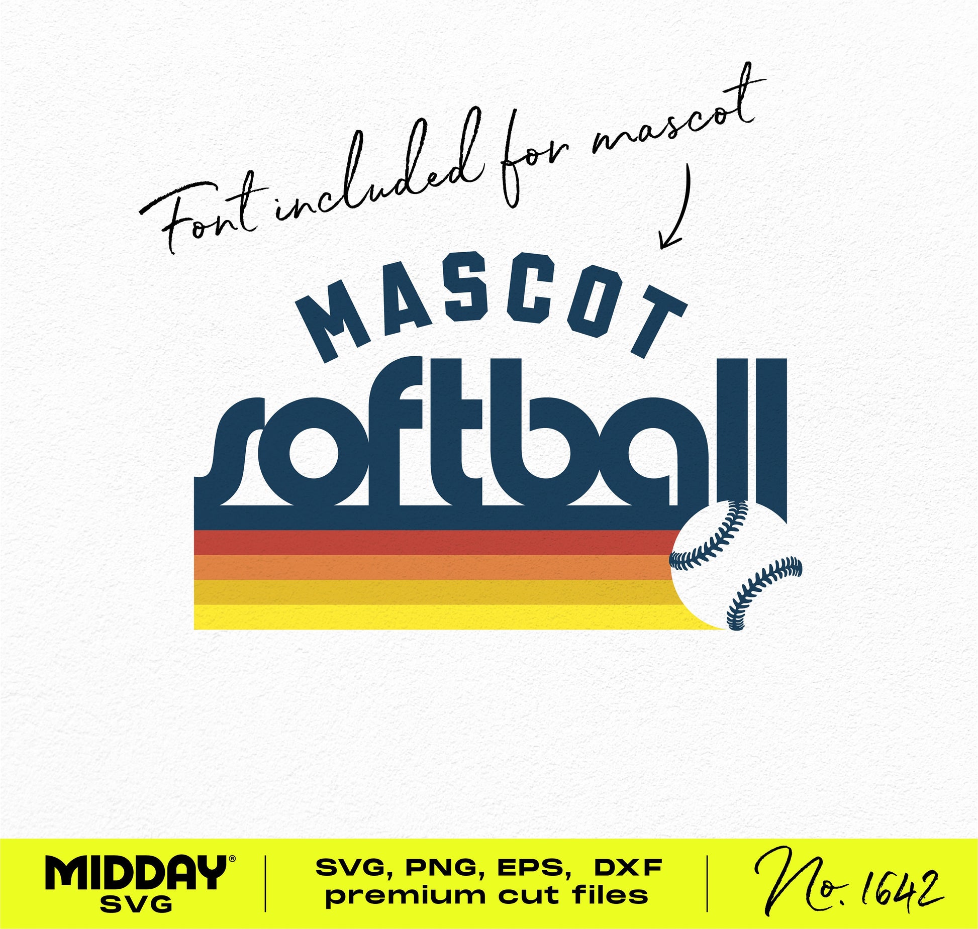 Softball team template SVG with mascot design; includes font and premium cut files for Cricut and Silhouette.