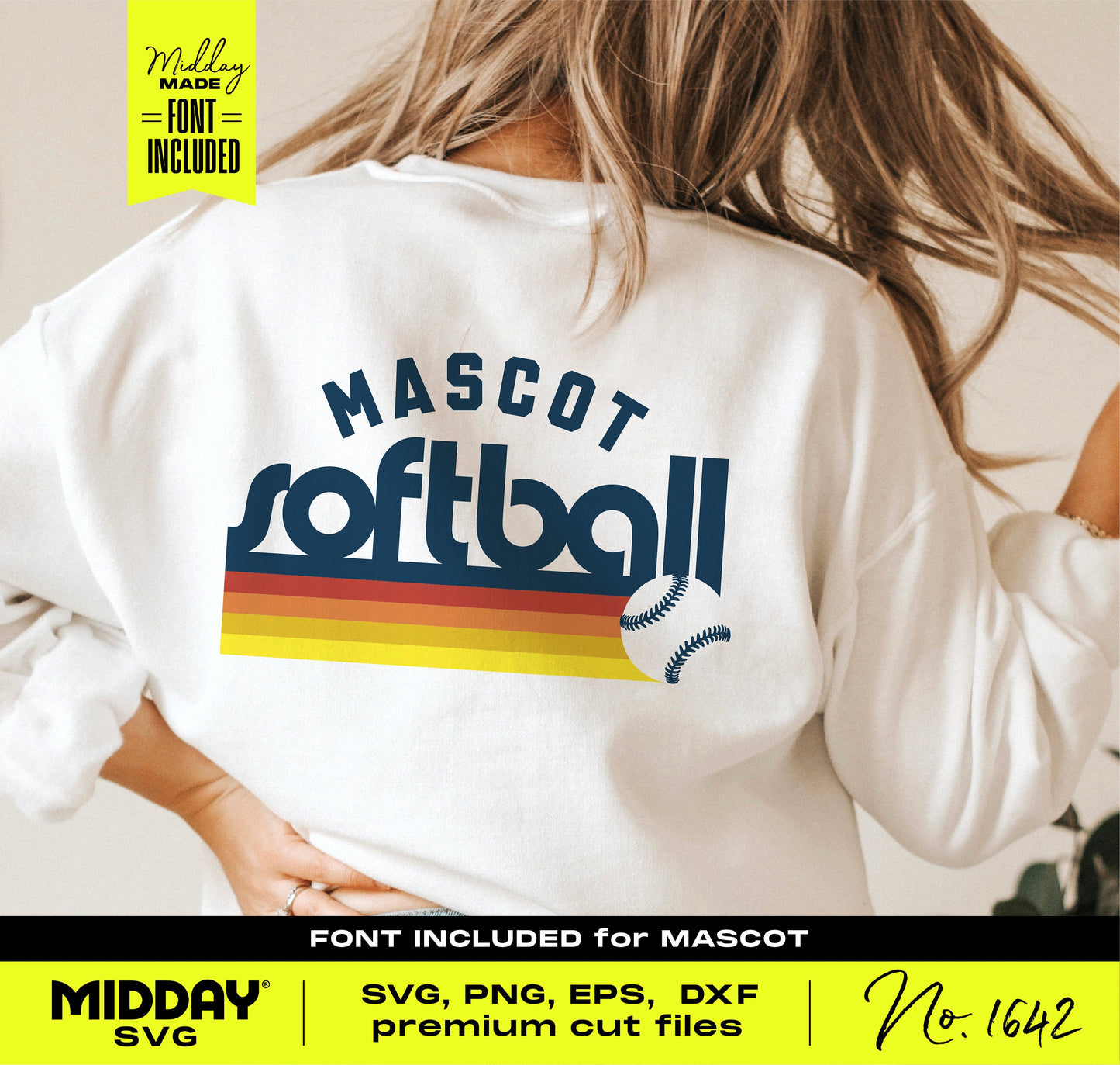 Softball mascot design displayed on a white shirt, featuring vibrant retro stripes and a softball graphic, perfect for Cricut and Silhouette.