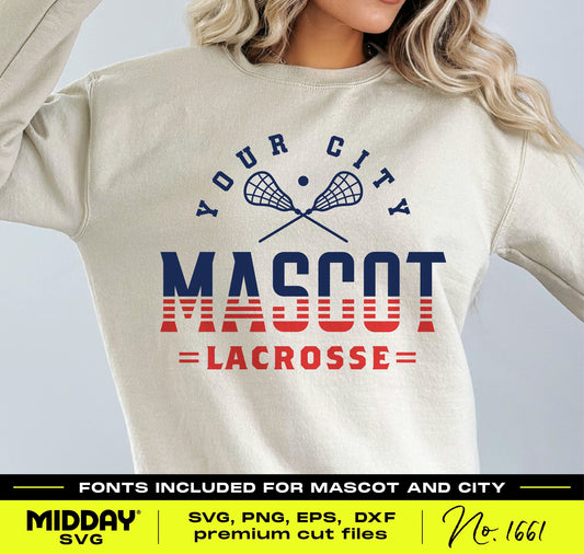 Striped Lacrosse Team Mascot SVG on a sweatshirt, featuring bold text and crossed lacrosse sticks design.