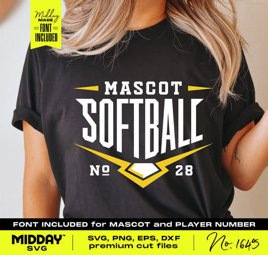 Customizable Softball Home Plate SVG on shirt with mascot and player number, ideal for team jerseys and DIY projects.
